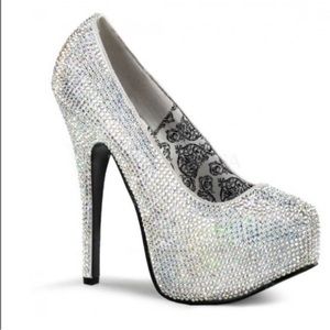 TEEZE-06R SILVER SATIN-IRIDESCENT RHINESTONE PLATFORM PUMPS STRIPPER HEELS